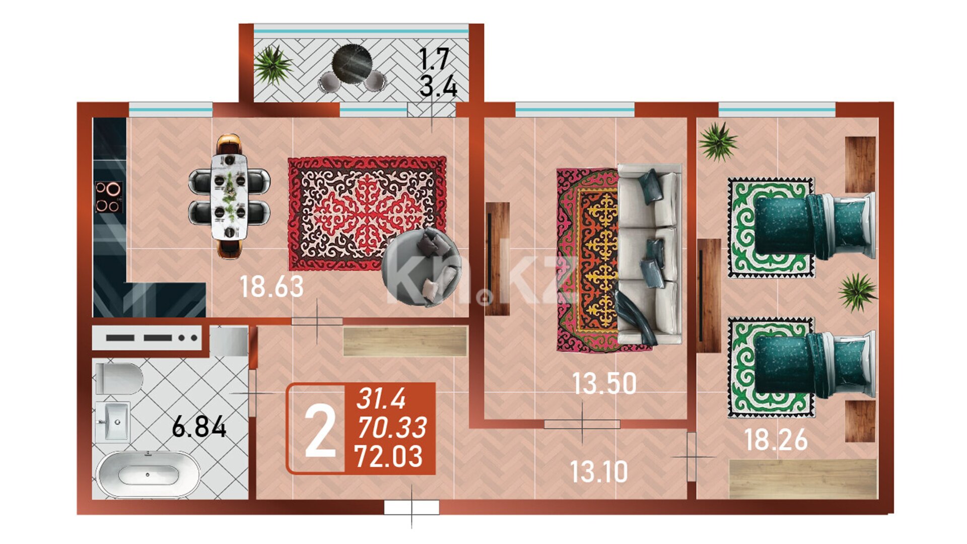 ЖК Namys, 2-комнатная, цена 31 693 200 ₸, 440 000 ₸&nbsp;/&nbsp;м²