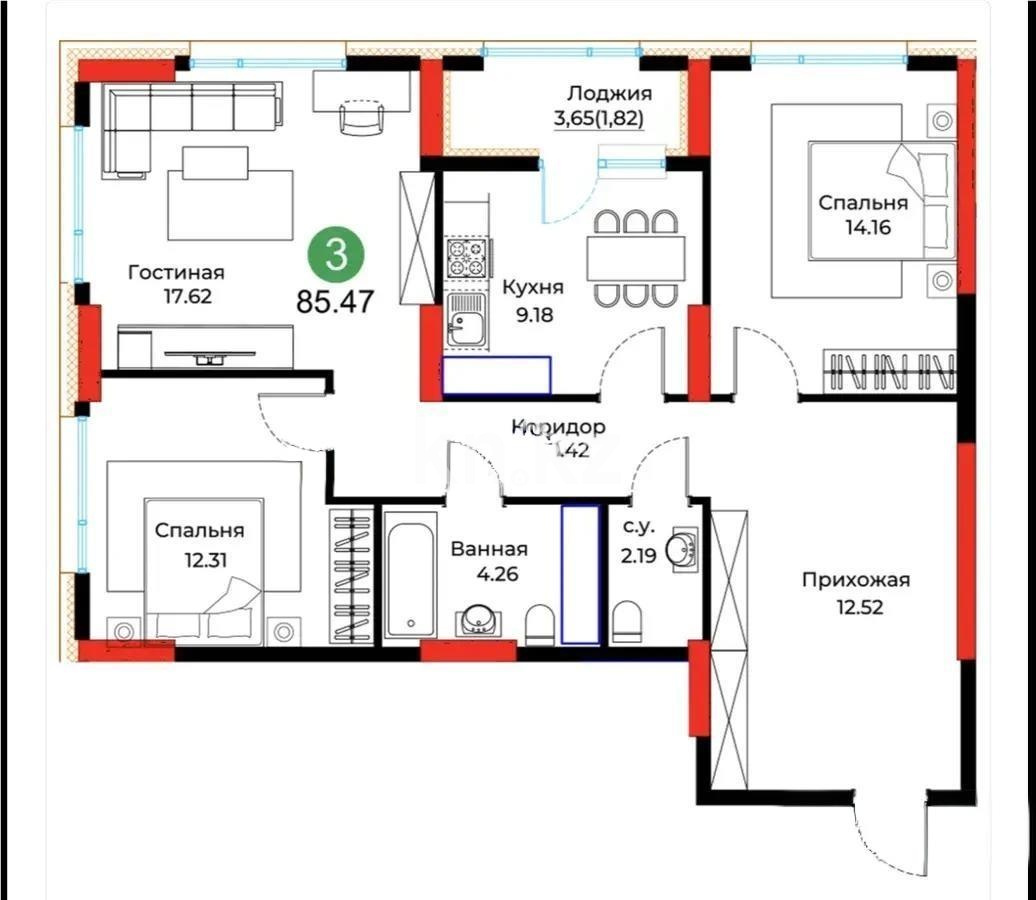 Продажа 3-комнатной квартиры, 85.47 м² в Астане