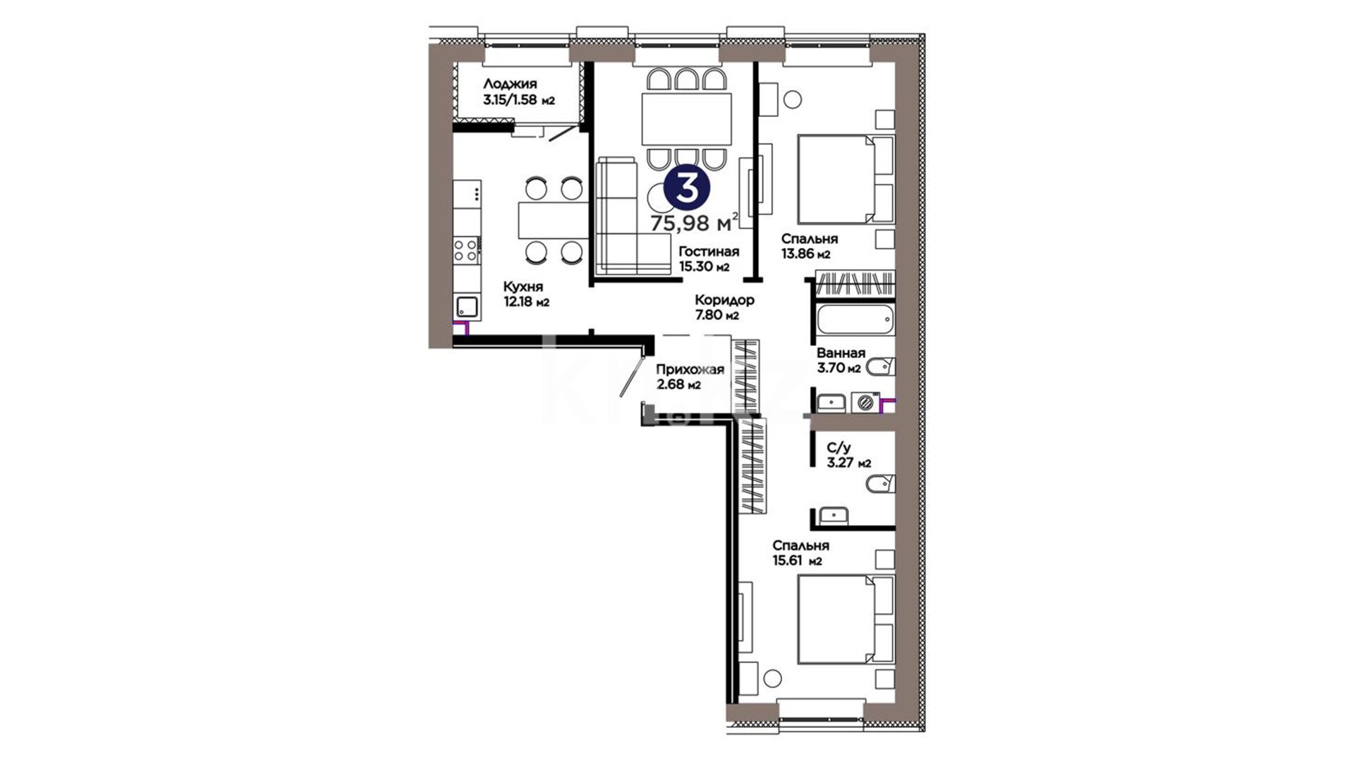 ЖК ŪIA. TARIH, 3-комнатная, цена 44 045 606 ₸, 579 700 ₸&nbsp;/&nbsp;м²