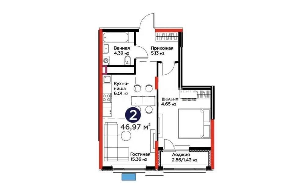Продажа 2-комнатной квартиры, 46.97 м² в Астане
