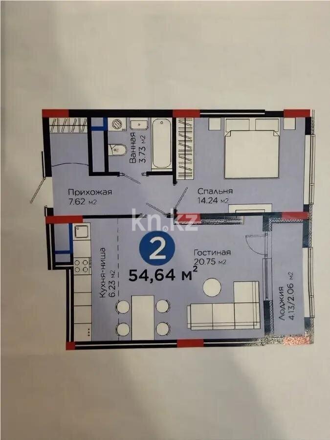 Продажа 2-комнатной квартиры, 54.8 м² в Астане