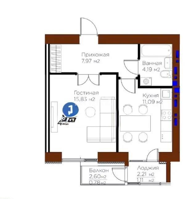 Продажа 1-комнатной квартиры, 40.97 м² в Астане