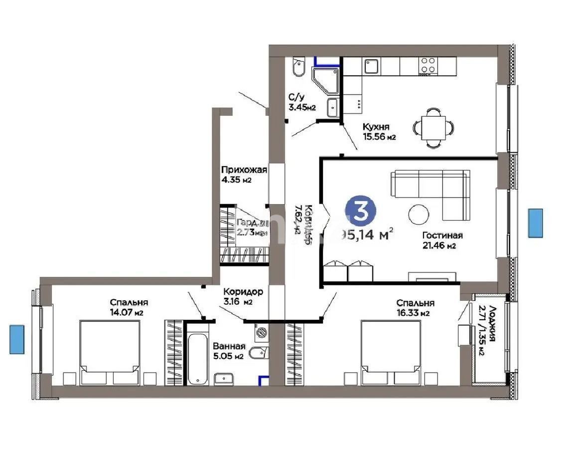 Продажа 3-комнатной квартиры, 95.14 м² в Астане