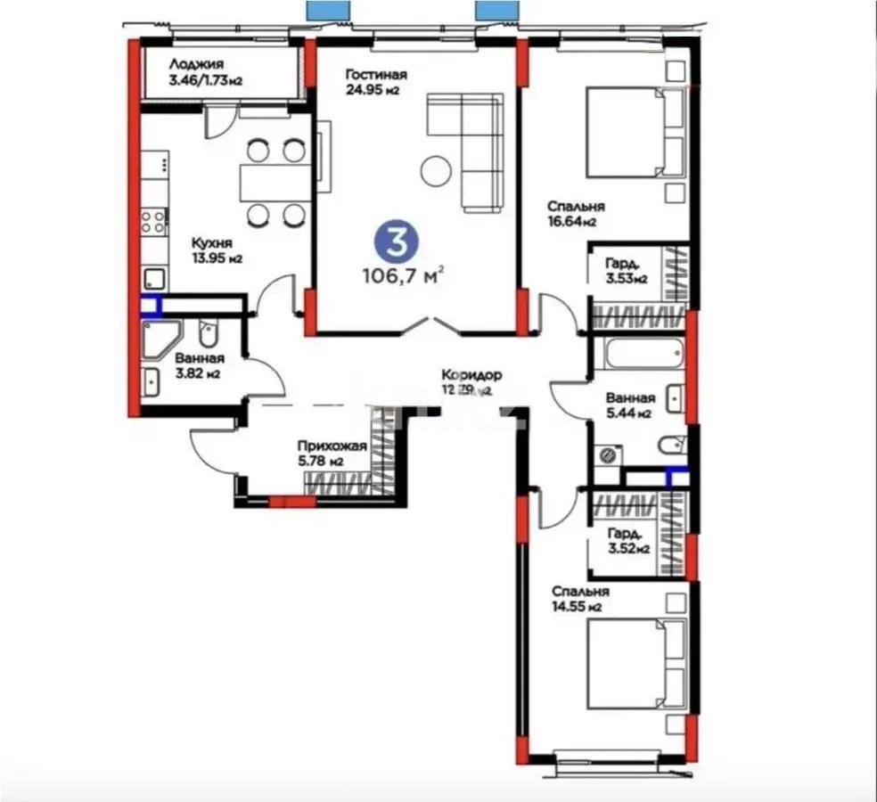 Продажа 3-комнатной квартиры, 107 м² в Астане