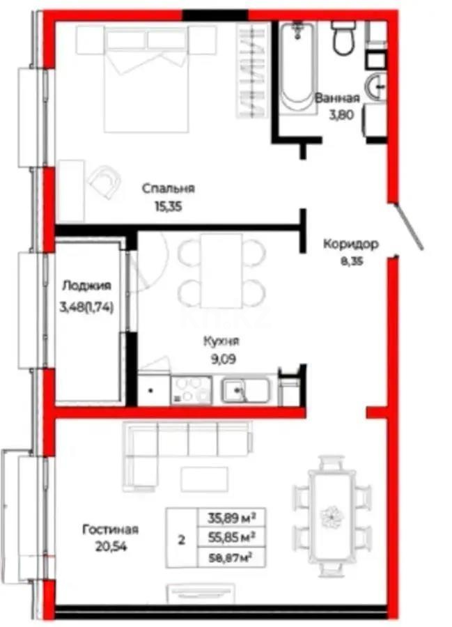 Продажа 2-комнатной квартиры, 59 м² в Астане