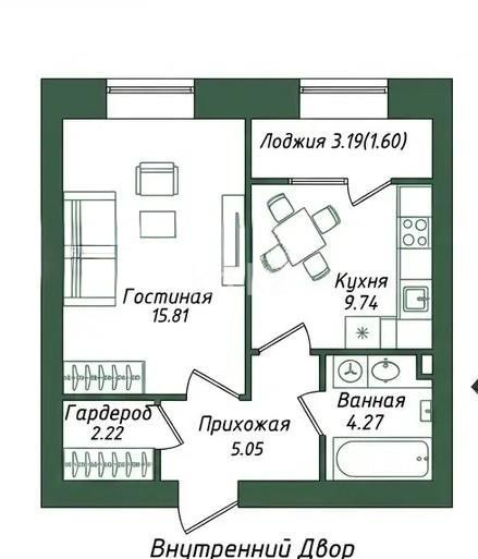 Продажа 1-комнатной квартиры, 38.69 м² в Астане