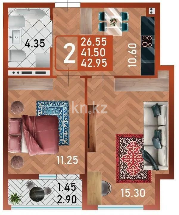Продажа 2-комнатной квартиры, 42.95 м² в Астане