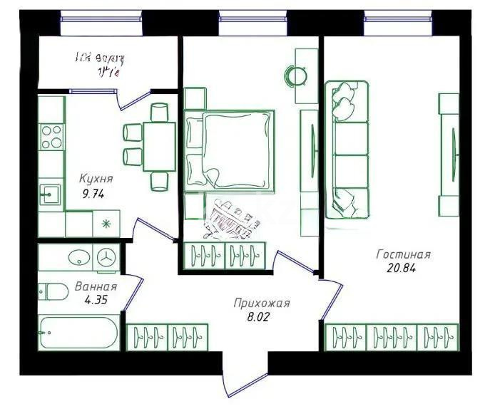 Продажа 2-комнатной квартиры, 60.18 м² в Астане