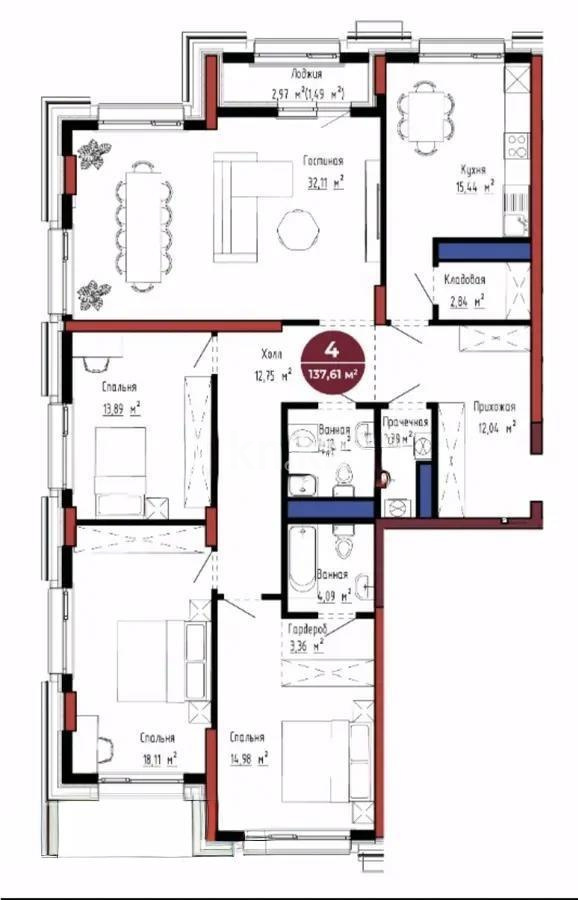 Продажа 4-комнатной квартиры, 138 м² в Астане