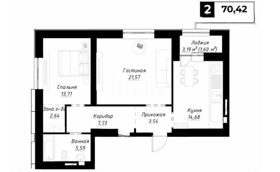 Продажа 2-комнатной квартиры, 71 м² в Астане