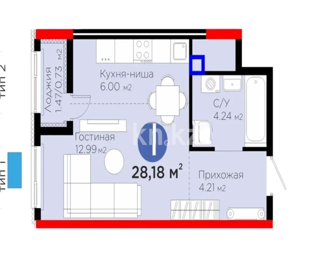 Продажа 1-комнатной квартиры, 29 м² в Астане