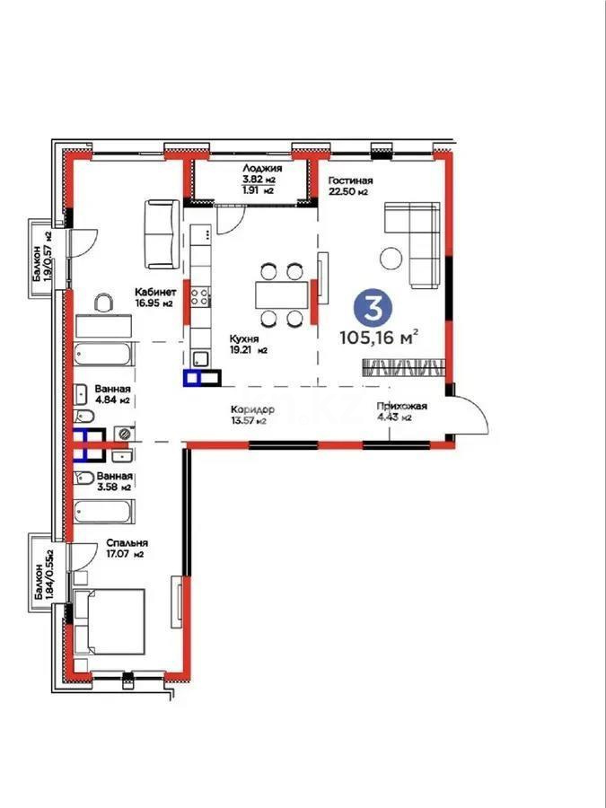 Продажа 3-комнатной квартиры, 105 м² в Алматы