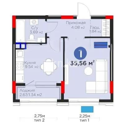 Продажа 1-комнатной квартиры, 35.56 м², ул. Жошы хана, дом  10 в Астане
