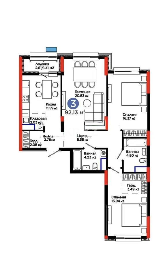 Продажа 3-комнатной квартиры, 92.13 м² в Астане