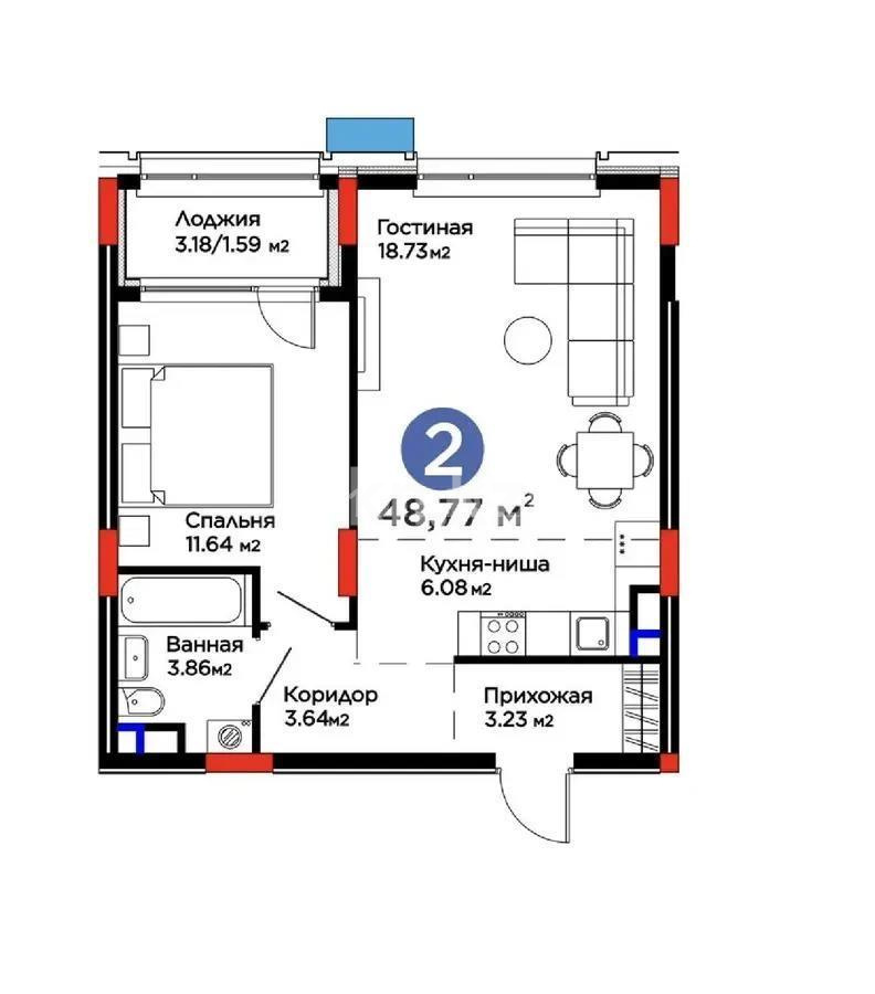 Продажа 2-комнатной квартиры, 48.77 м² в Астане