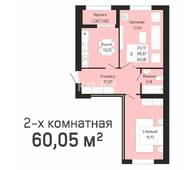 Продажа 2-комнатной квартиры, 60 м² в Астане