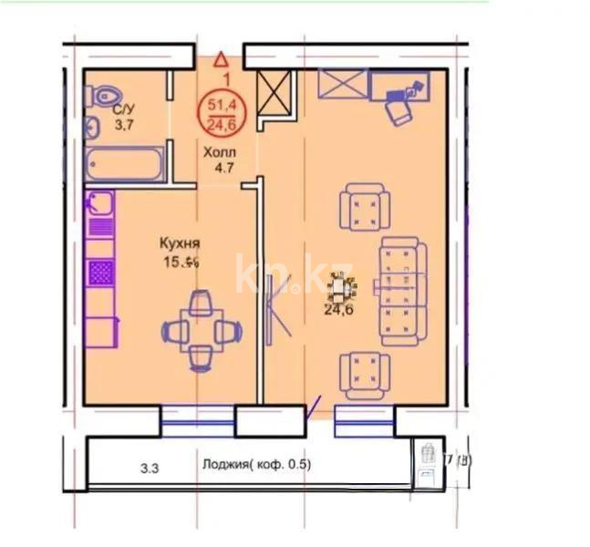 Продажа 1-комнатной квартиры, 51.4 м², пр. Тауелсыздык, дом  34/8 стр в Астане