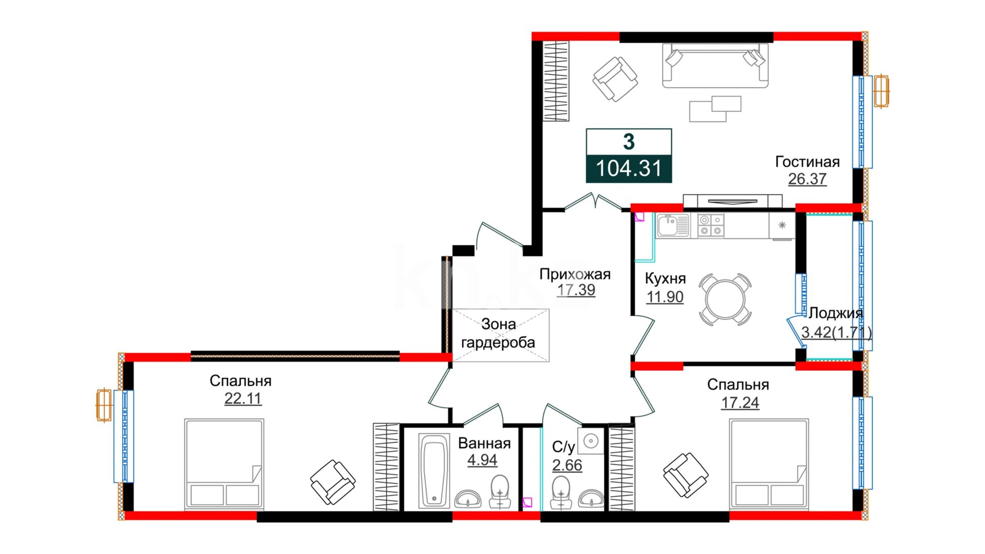 ЖК Shakarim Avenue, 3-комнатная, цена 48 118 203 ₸, 461 300 ₸&nbsp;/&nbsp;м²
