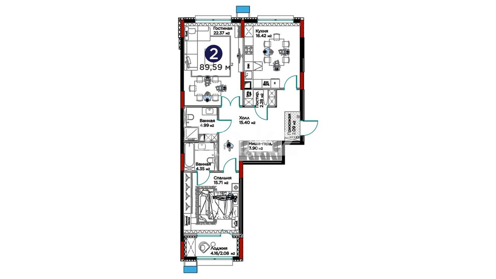 ЖК GreenLine.Tiara, 2-комнатная, цена 79 905 321 ₸, 891 900 ₸&nbsp;/&nbsp;м²