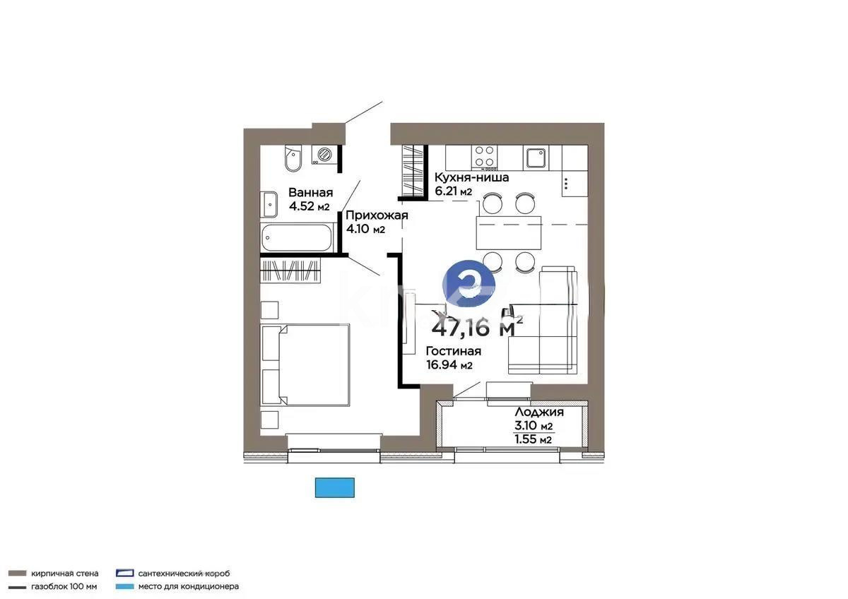 Продажа 2-комнатной квартиры, 47.16 м² в Астане