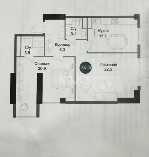 Продажа 2-комнатной квартиры, 74.3 м² в Алматы
