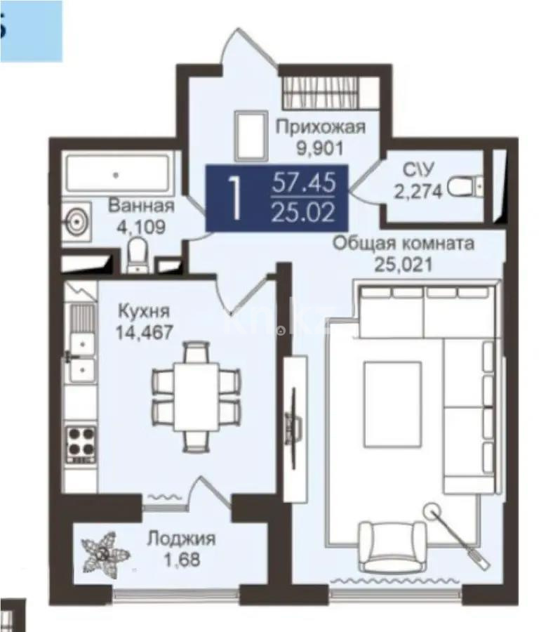 Продажа 2-комнатной квартиры, 56.2 м² в Астане