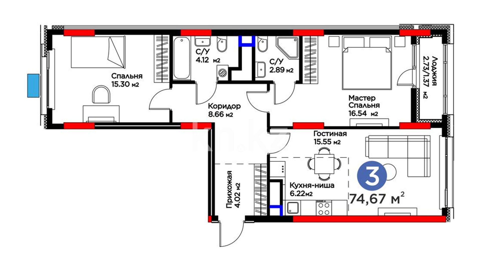 ЖК Capital Park. Melody, 3-комнатная, цена 55 064 644 ₸, 737 440 ₸&nbsp;/&nbsp;м²