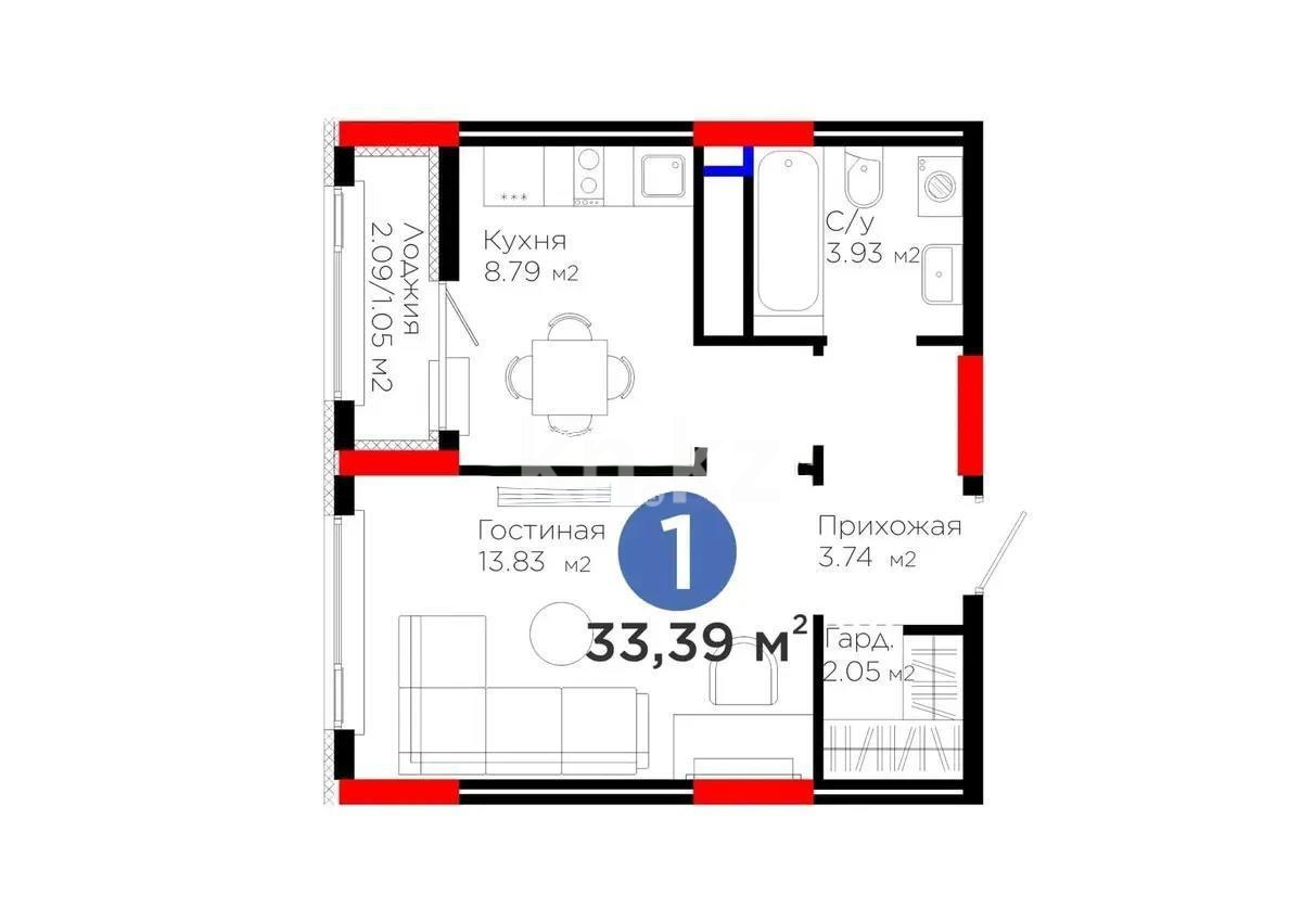 Продажа 1-комнатной квартиры, 33.53 м² в Астане