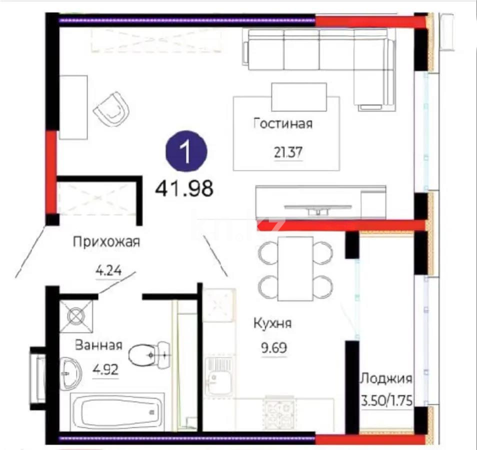 Продажа 1-комнатной квартиры, 41.98 м² в Астане
