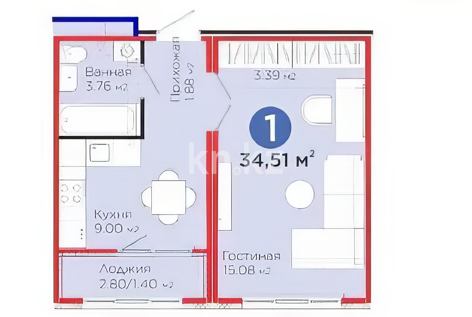 Продажа 1-комнатной квартиры, 34.51 м² в Астане - фото 2