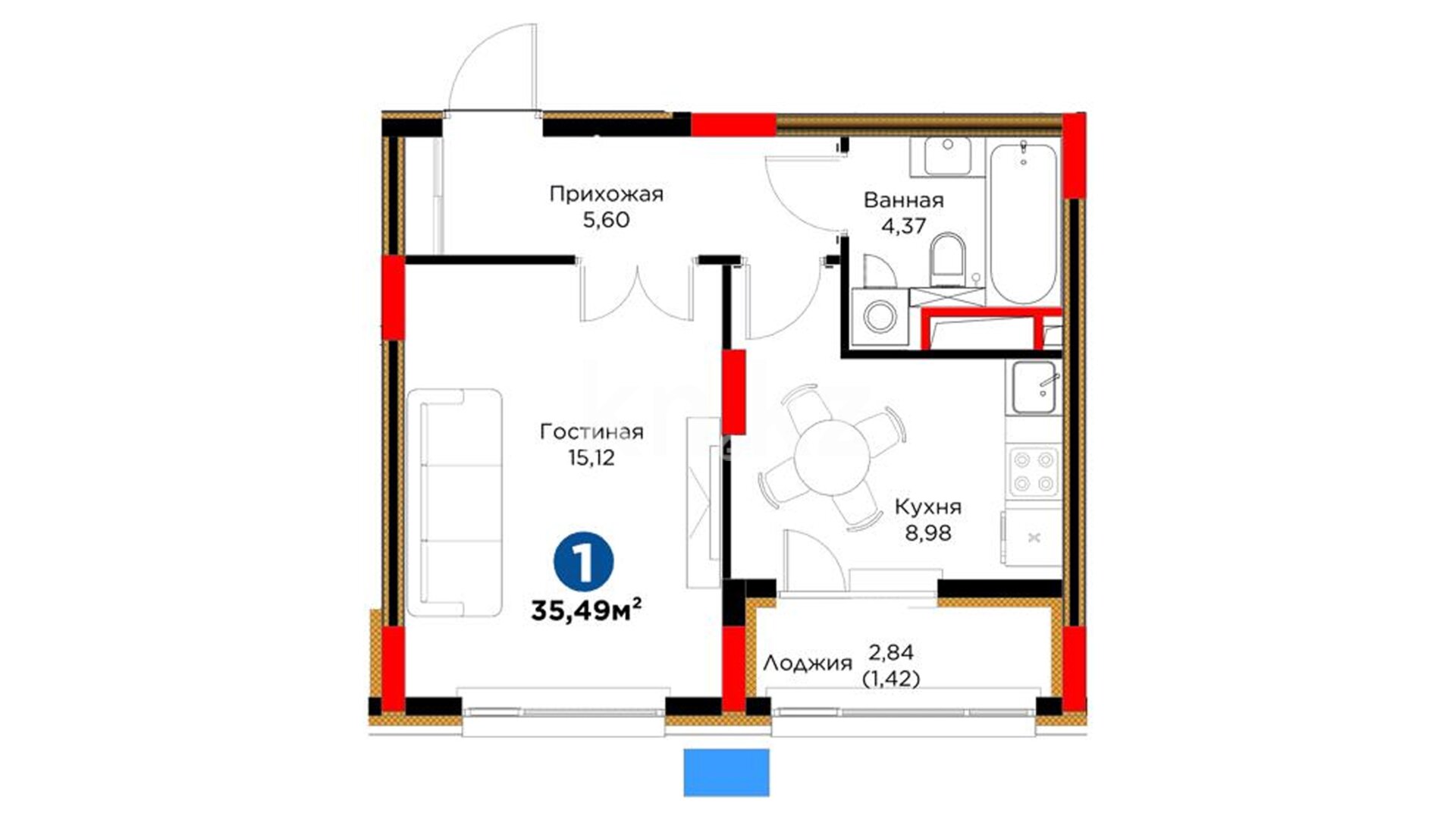 ЖК Bosaga, 1-комнатная, цена 23 281 440 ₸, 656 000 ₸&nbsp;/&nbsp;м²