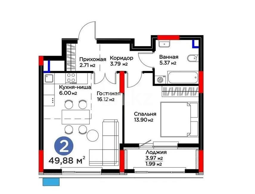 Продажа 2-комнатной квартиры, 49.88 м² в Астане