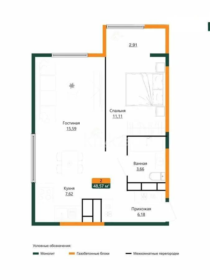 Продажа 1-комнатной квартиры, 48.57 м² в Алматы