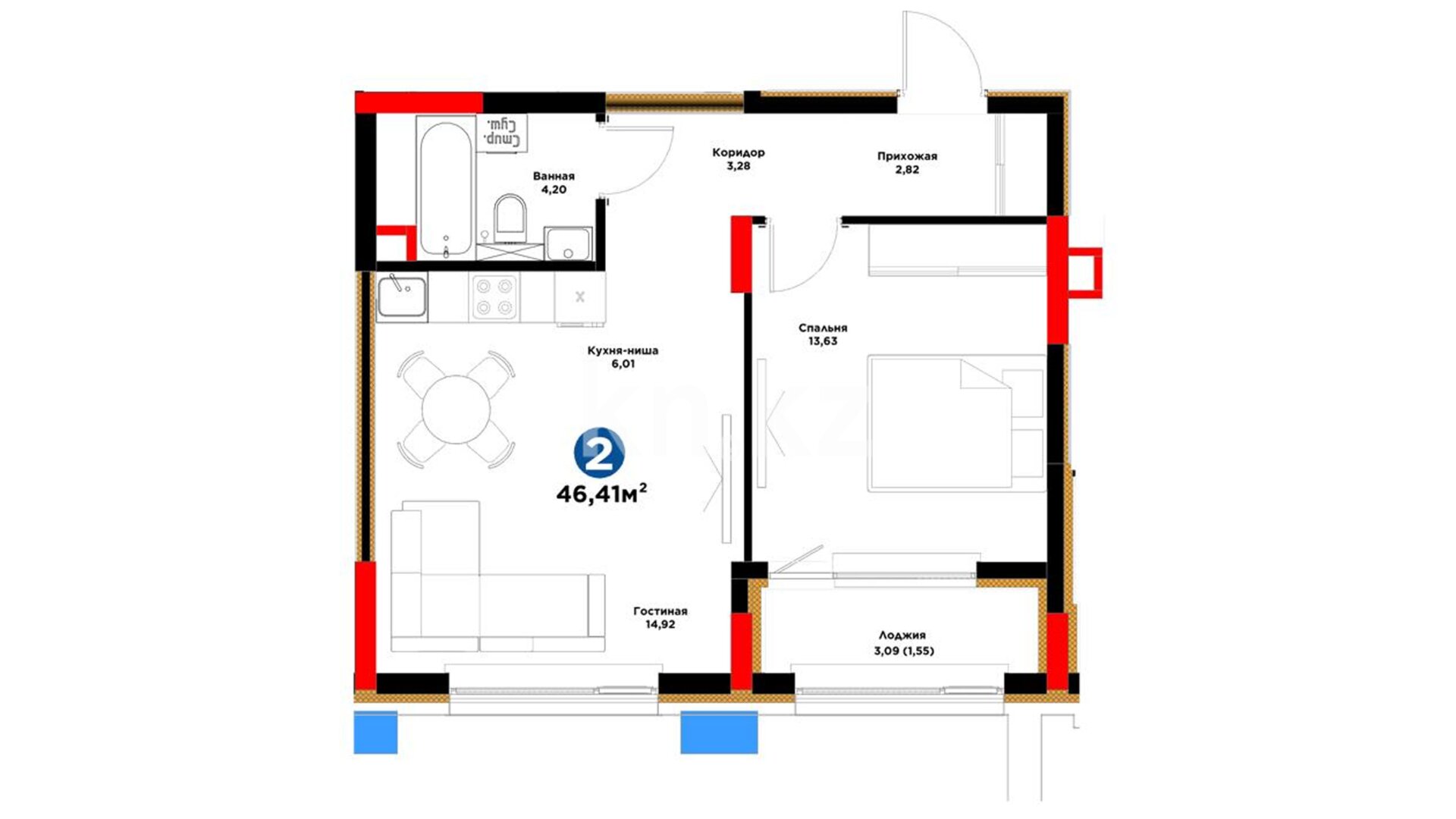 ЖК GreenLine.Garden, 2-комнатная, цена 44 043 090 ₸, 949 001 ₸&nbsp;/&nbsp;м²