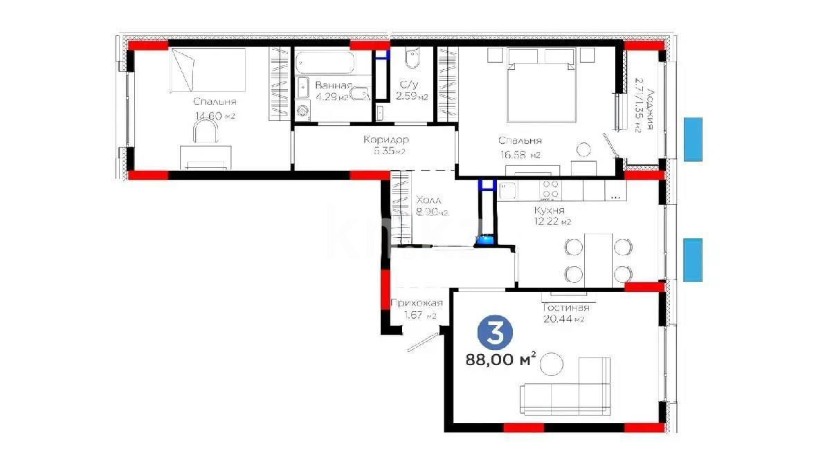 Продажа 3-комнатной квартиры, 88 м², ул. Бухар жырау, дом  57/6 в Астане