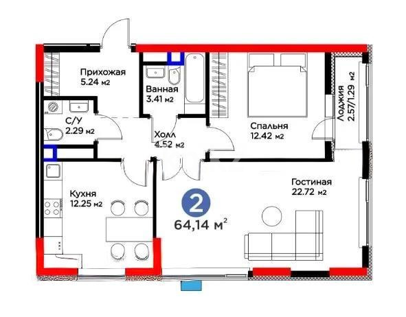Продажа 2-комнатной квартиры, 64.14 м² в Астане
