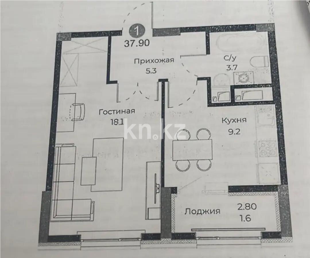 Продажа 1-комнатной квартиры, 38 м² в Астане