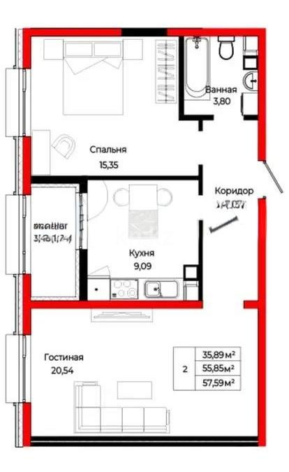 Продажа 2-комнатной квартиры, 57.59 м² в Астане