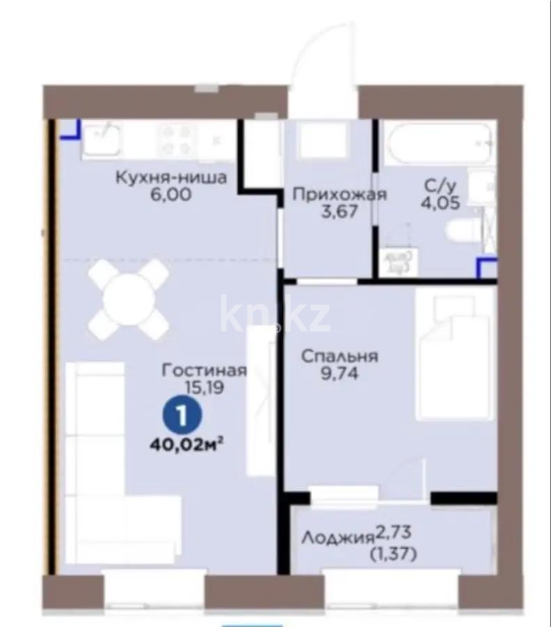 Продажа 2-комнатной квартиры, 40.2 м² в Астане