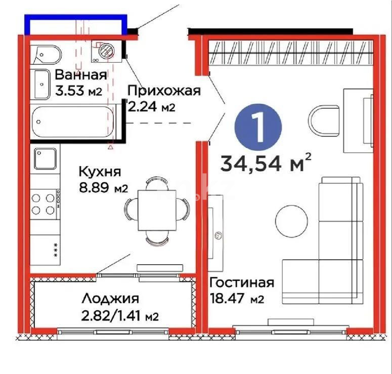 Продажа 1-комнатной квартиры, 34.54 м² в Астане