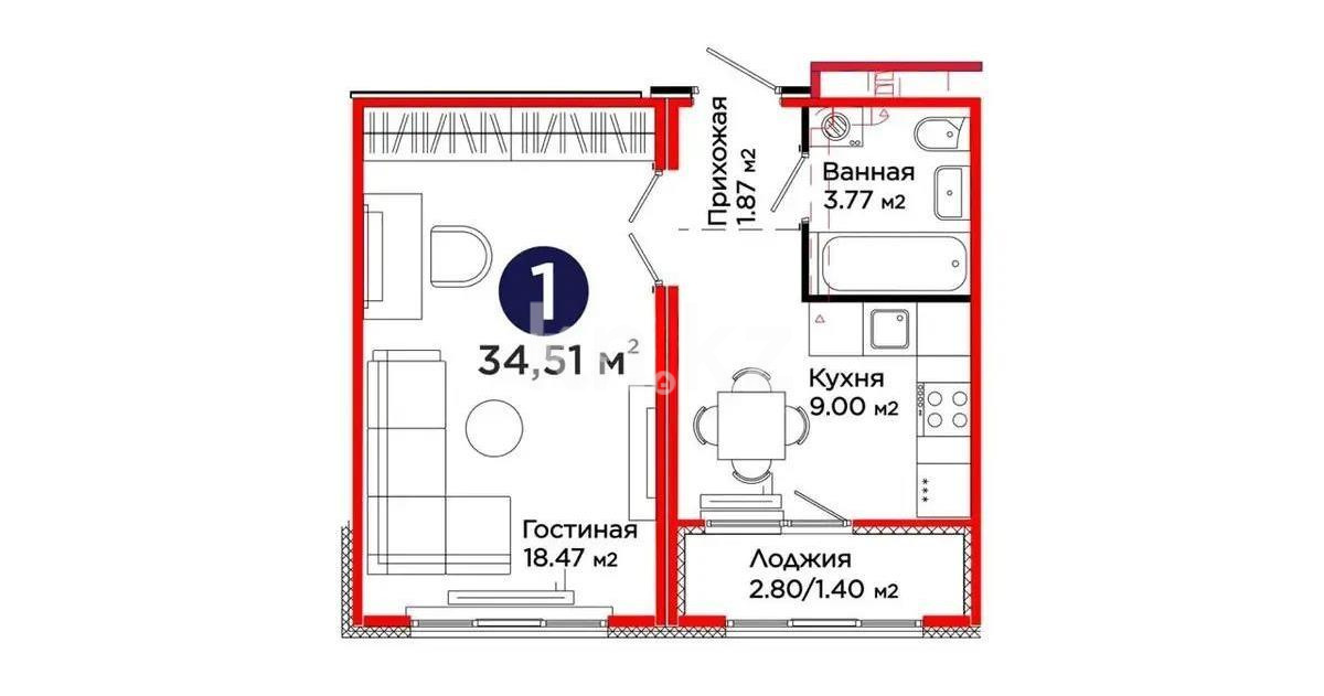 Продажа 1-комнатной квартиры, 34 м² в Астане