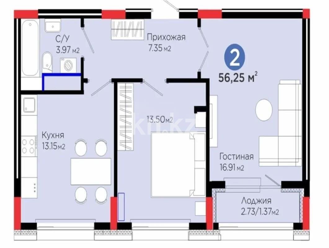 Продажа 2-комнатной квартиры, 56.25 м² в Астане
