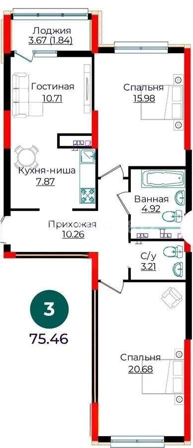 Продажа 3-комнатной квартиры, 75.46 м² в Астане