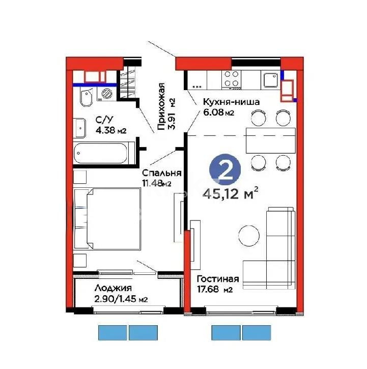 Продажа 2-комнатной квартиры, 45.12 м² в Алматы