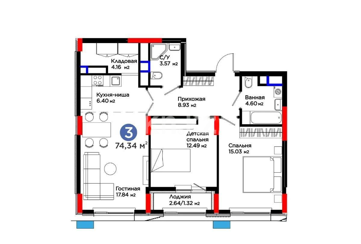 Продажа 3-комнатной квартиры, 74.34 м² в Астане