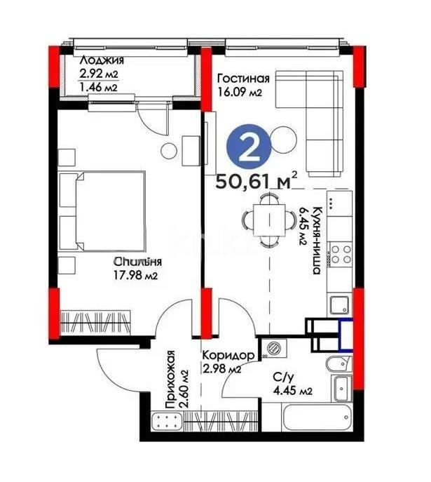 Продажа 2-комнатной квартиры, 50.61 м² в Астане - фото 5