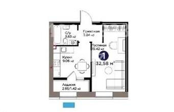 Продажа 1-комнатной квартиры, 32.58 м² в Астане