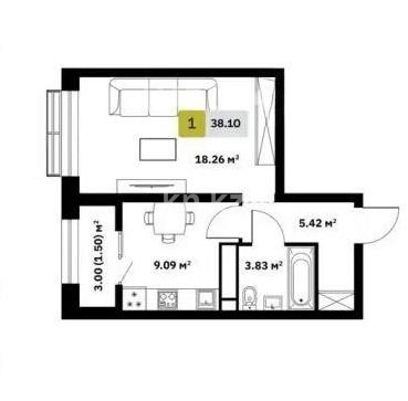 Продажа 1-комнатной квартиры, 38.1 м² в Алматы - фото 3