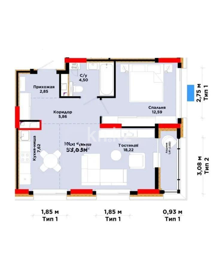 Продажа 2-комнатной квартиры, 53.05 м² в Астане