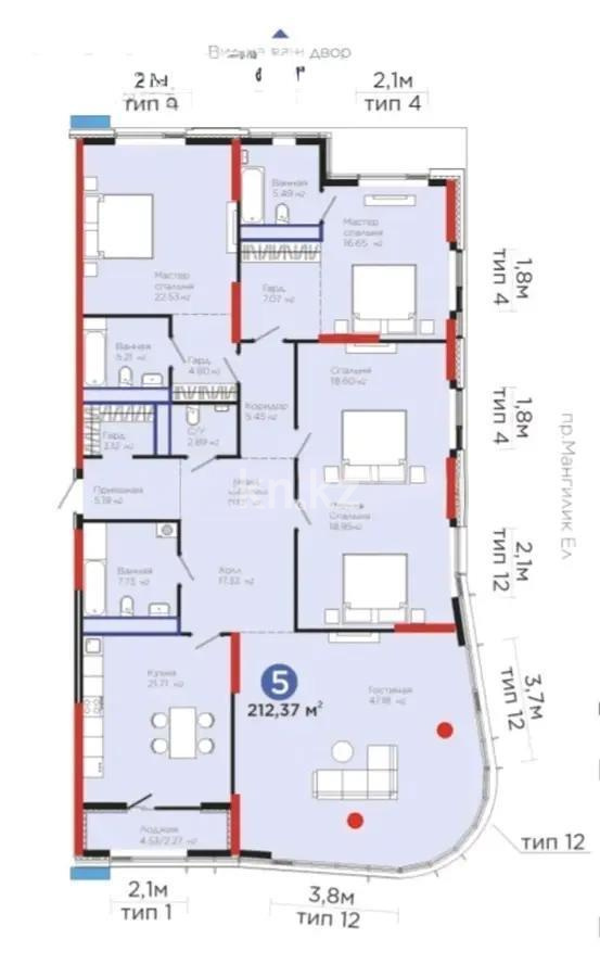 Продажа 5-комнатной квартиры, 212.37 м² в Астане - фото 4